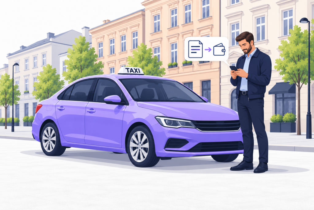 Kierowca taxi przy samochodzie sprawdza w telefonie przelew czynszu