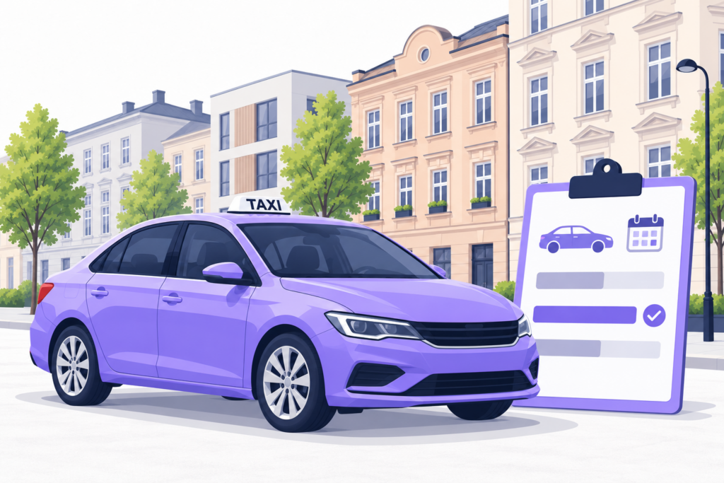 Samochód taxi i karta z oceną stawki najmu