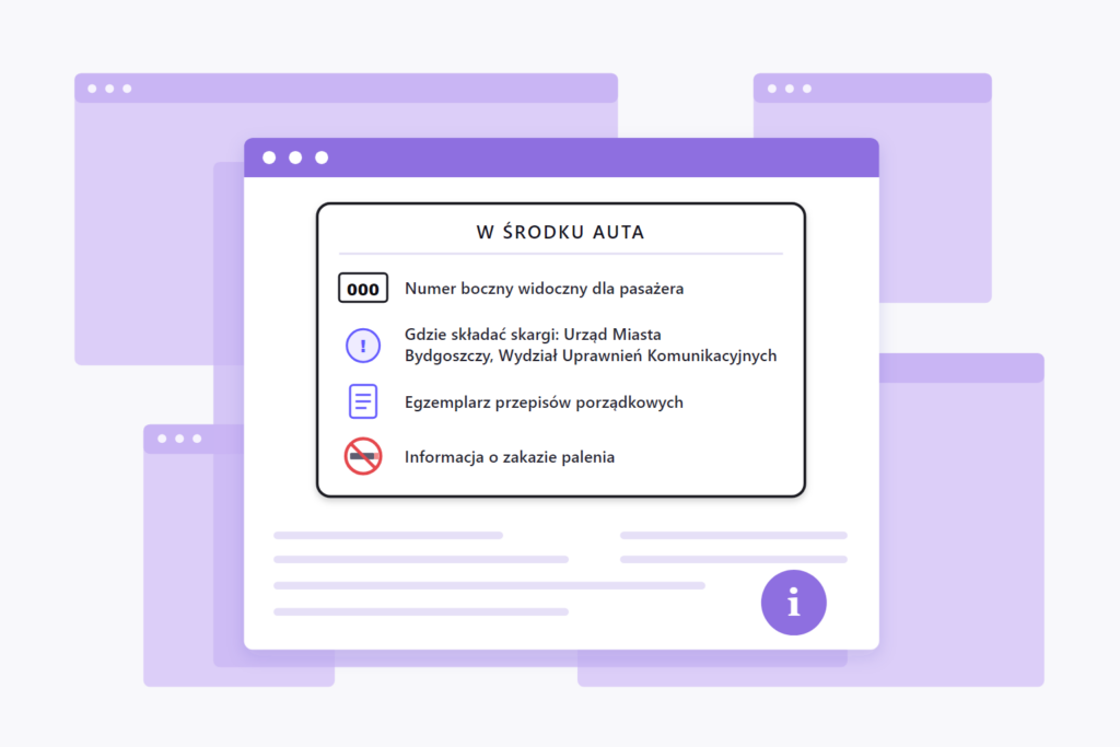 Informacje w środku auta - oznakowanie taksówki w Bydgoszczy