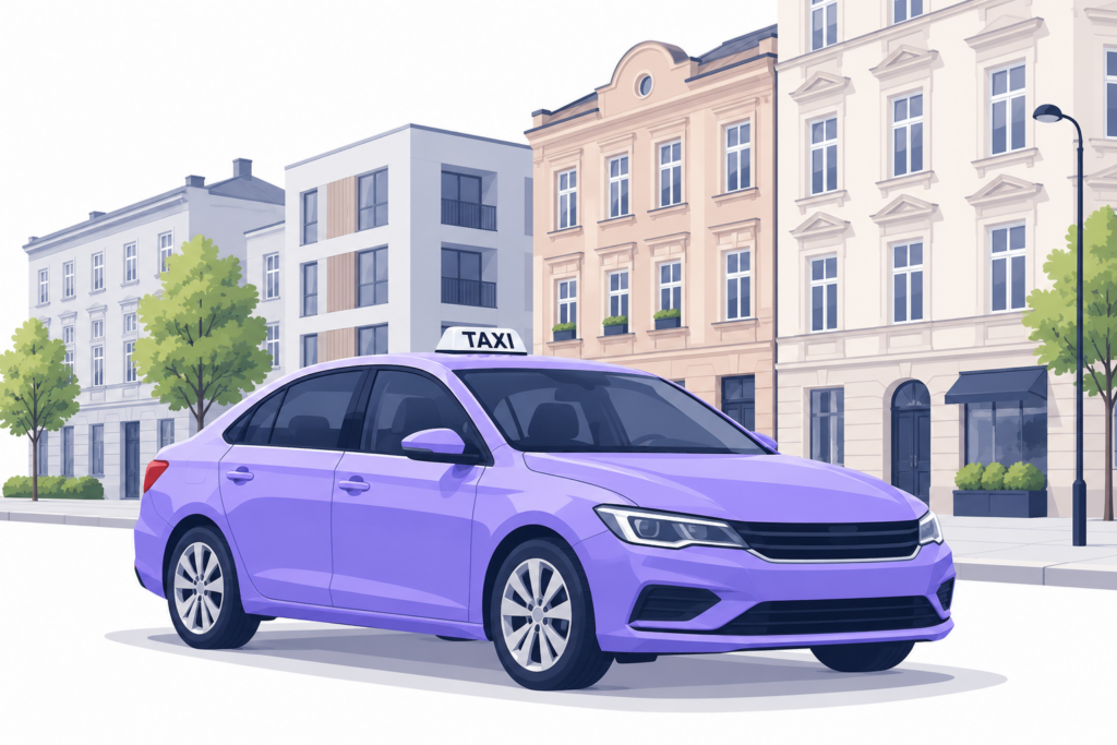 Fioletowa taksówka z lampą TAXI na ulicy miasta - ilustracja